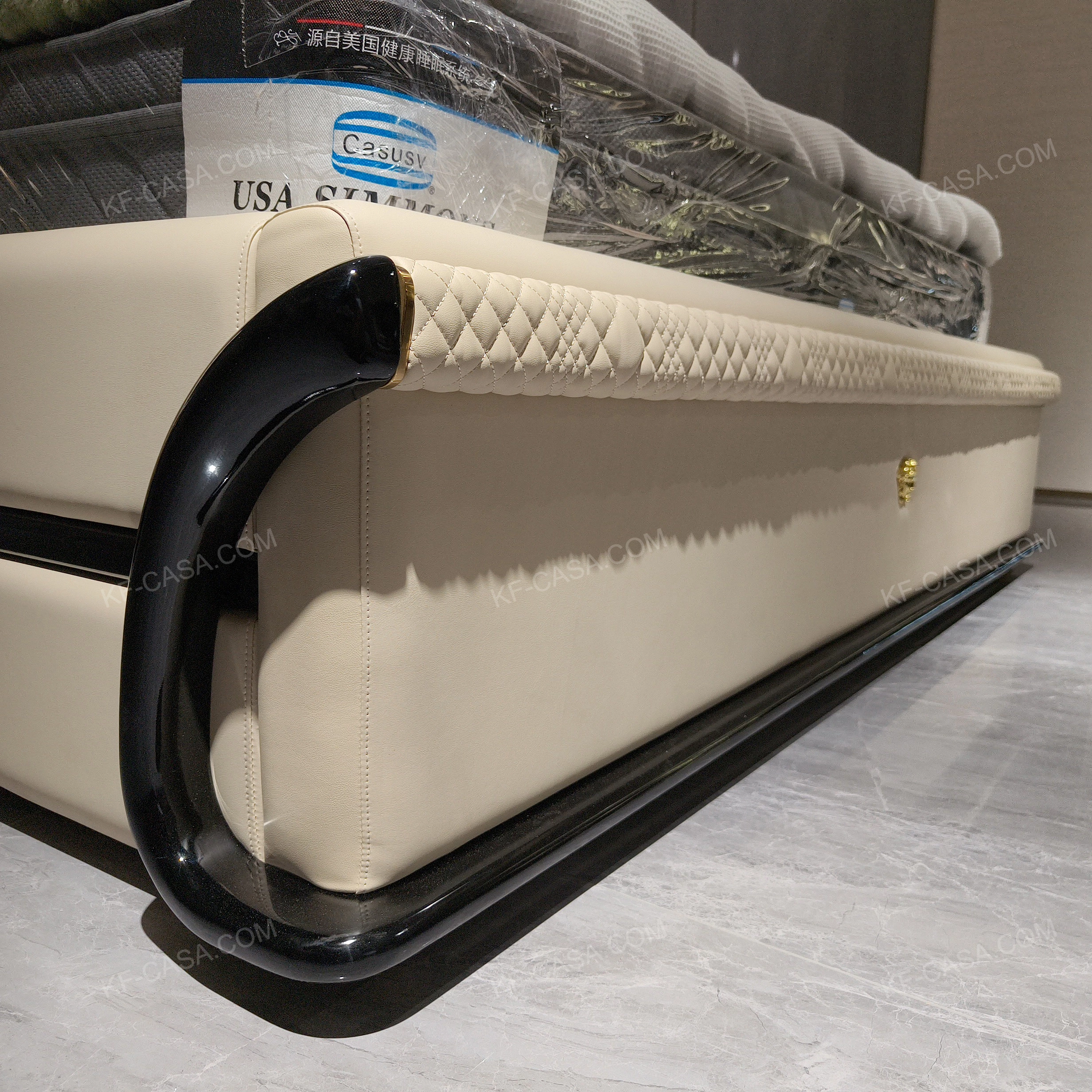 Creamy Ivory Upholstered Bed with Diamond-Quilted Detailing, Gilded Emblem & High-Gloss Natural Wood Veneer Trim